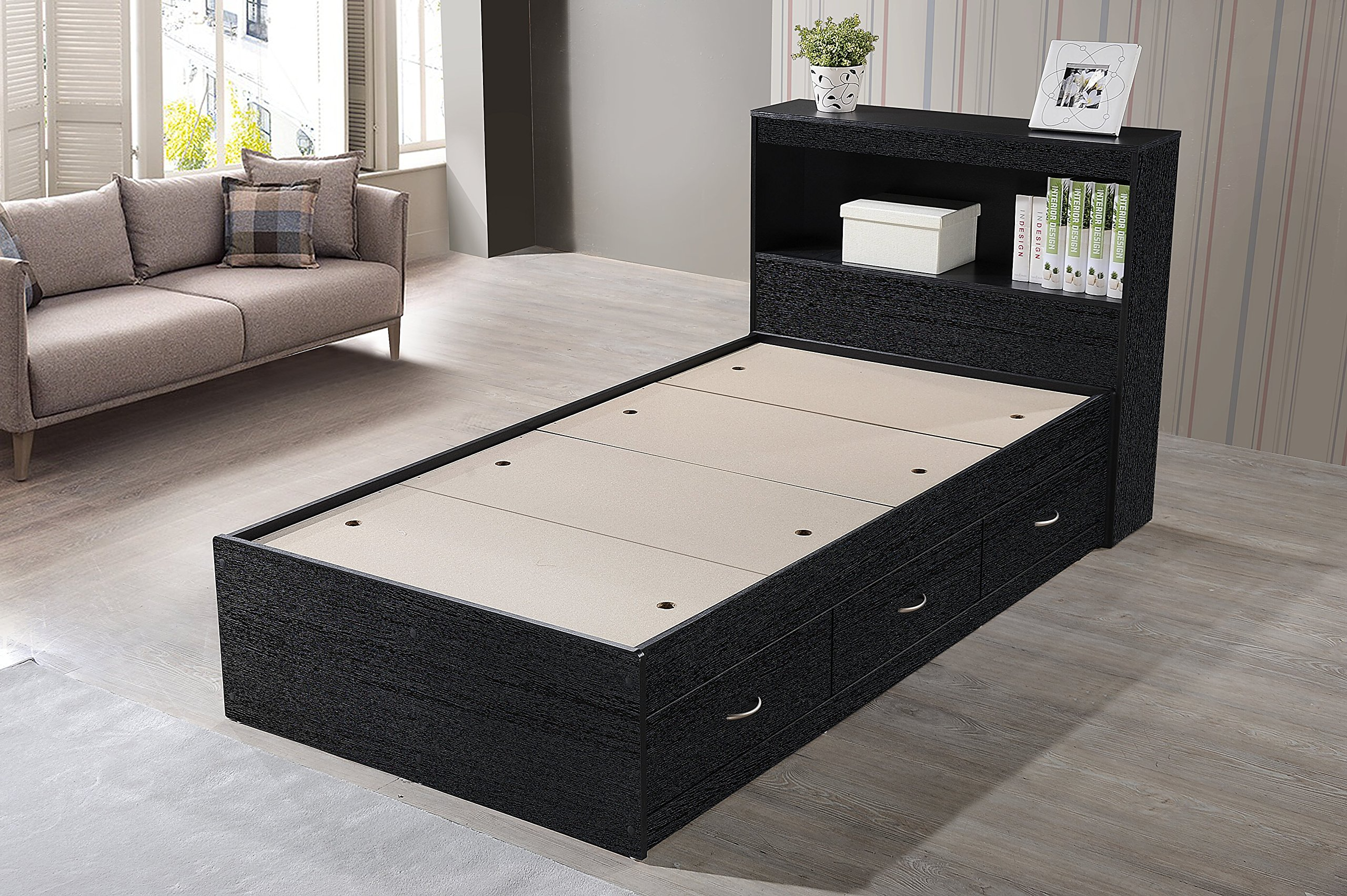 【Furniture】Hodedah Twin-Size Captain Bed with 3-Drawers and Headboard in Black