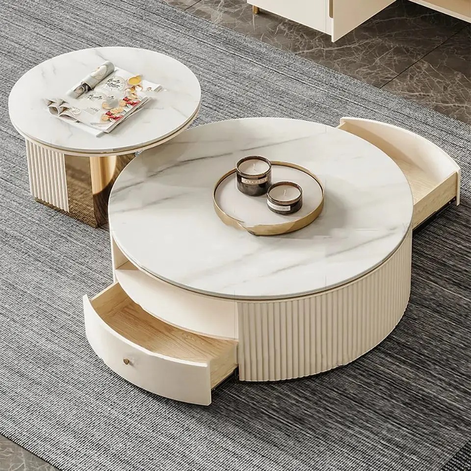 【Furniture】Modern Chic Round Nesting Coffee Table with Storage White Stone Coffee Table Set of 2