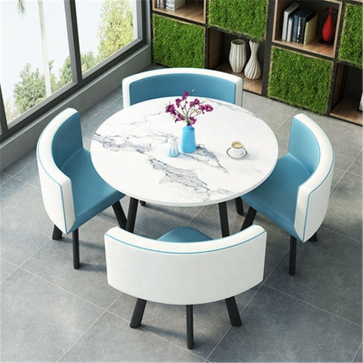 FAVORABLE SPACE SAVING MINI DINING TABLE SET 4 CHAIRS WITH MDF ROUND COFFEE TABLE METAL LEGS BALCONY HOME FURNITUR