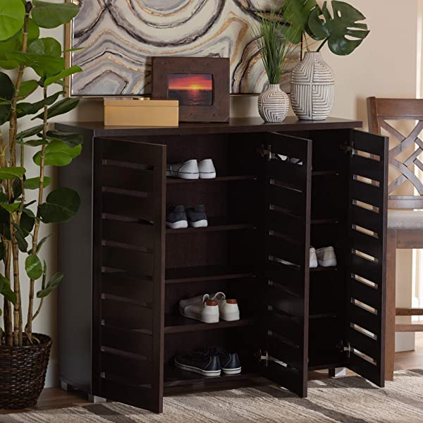 Wholesale Interiors Baxton Studio Adalwin Modern and Contemporary 3-Door Dark Brown Wooden Entryway Shoes Storage Cabinet