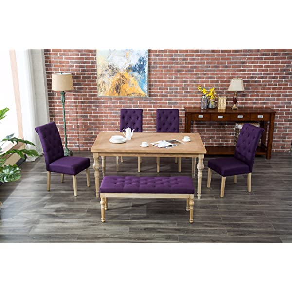 Roundhill Furniture Habitanian 6-Piece White Wash Dining Set with Tufted Chairs and Bench, Beige