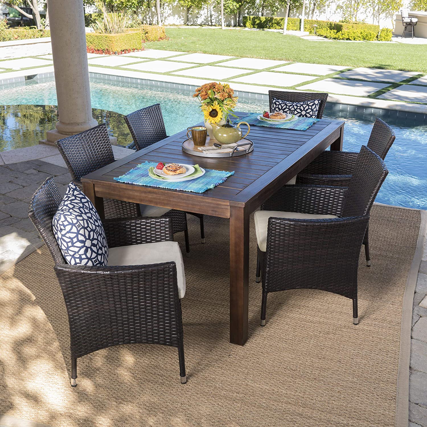 Christopher Knight Home Christine Outdoor Dining set with Wood Table and Wicker Dining Chairs wi