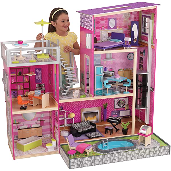 Wooden Modern Dollhouse with Lights & Sounds, Pool and 36 Accessories, Gift for Ages 3+ 49.25
