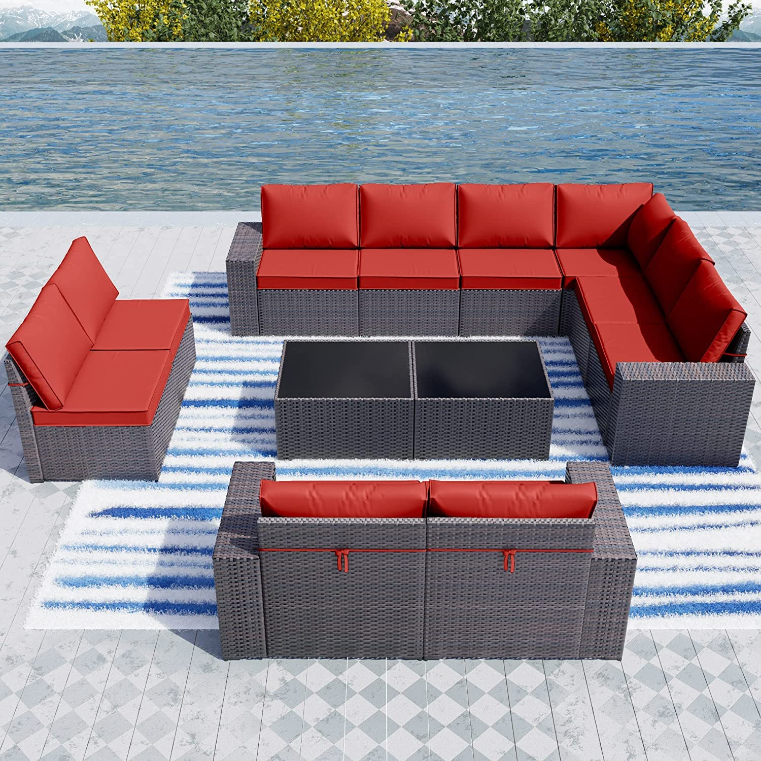 【Furniture】Outdoor Patio Furniture Set 12-Pc Sectional Rattan Sofa Set Brown PE Wicker Patio Conversation Set