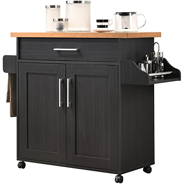 Hodedah Kitchen Island with Spice Rack, Towel Rack & Drawer, Black with Beech Top Black-beech