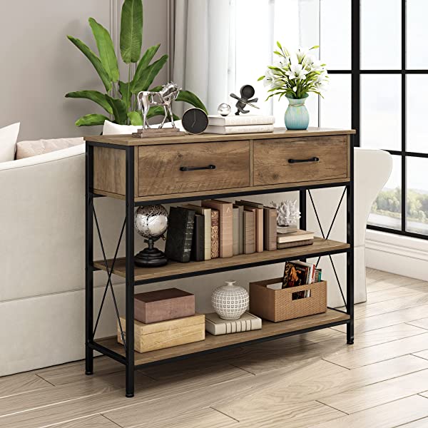 Console Table with Drawers, Rustic Hallway Table with Storage Shelves, Narrow Long Sofa Entryway Table for Living Room, Metal Frame, Dark Brown