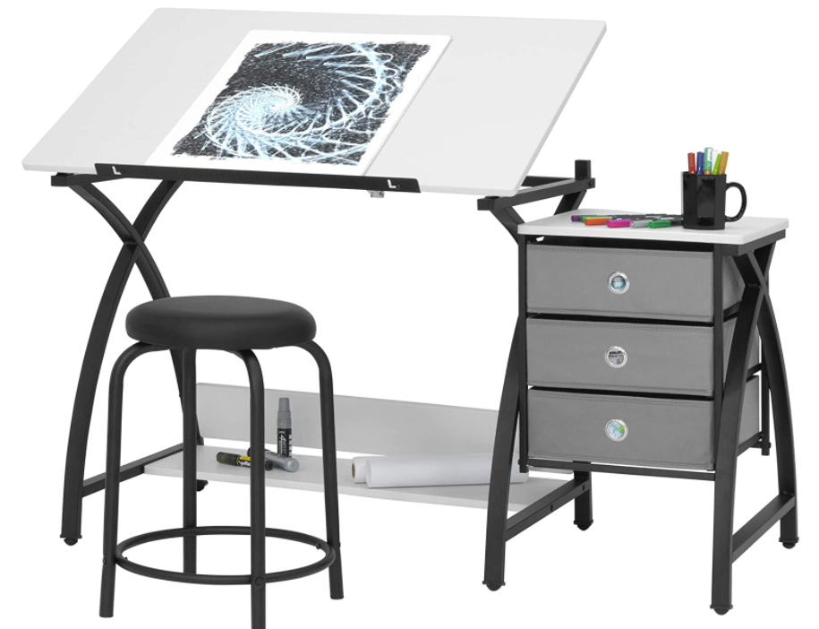 SD STUDIO DESIGNS 2 Piece Comet Craft Table | Angle Adjustable Top and Stool | Black/White